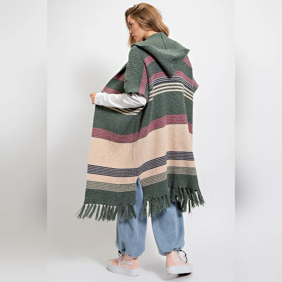 Easel Knit Sweater Kimono, open front, multicolor stripe with fringe, hood - Picture 5 of 5